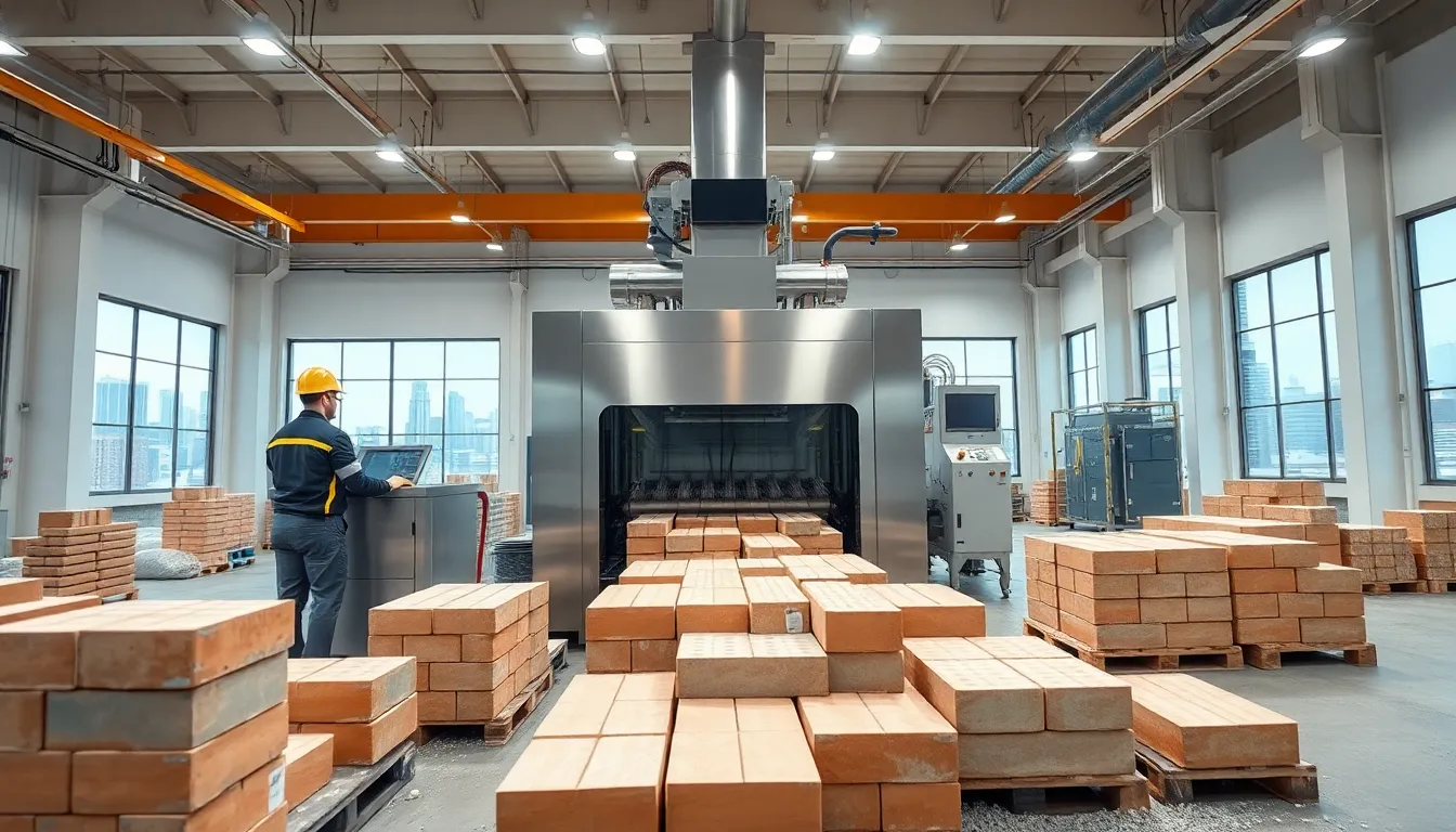 technicians oversee a modern brick making machine in a clean u s manufacturing plant